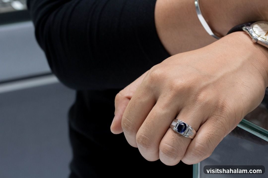 Man wearing a sapphire ring