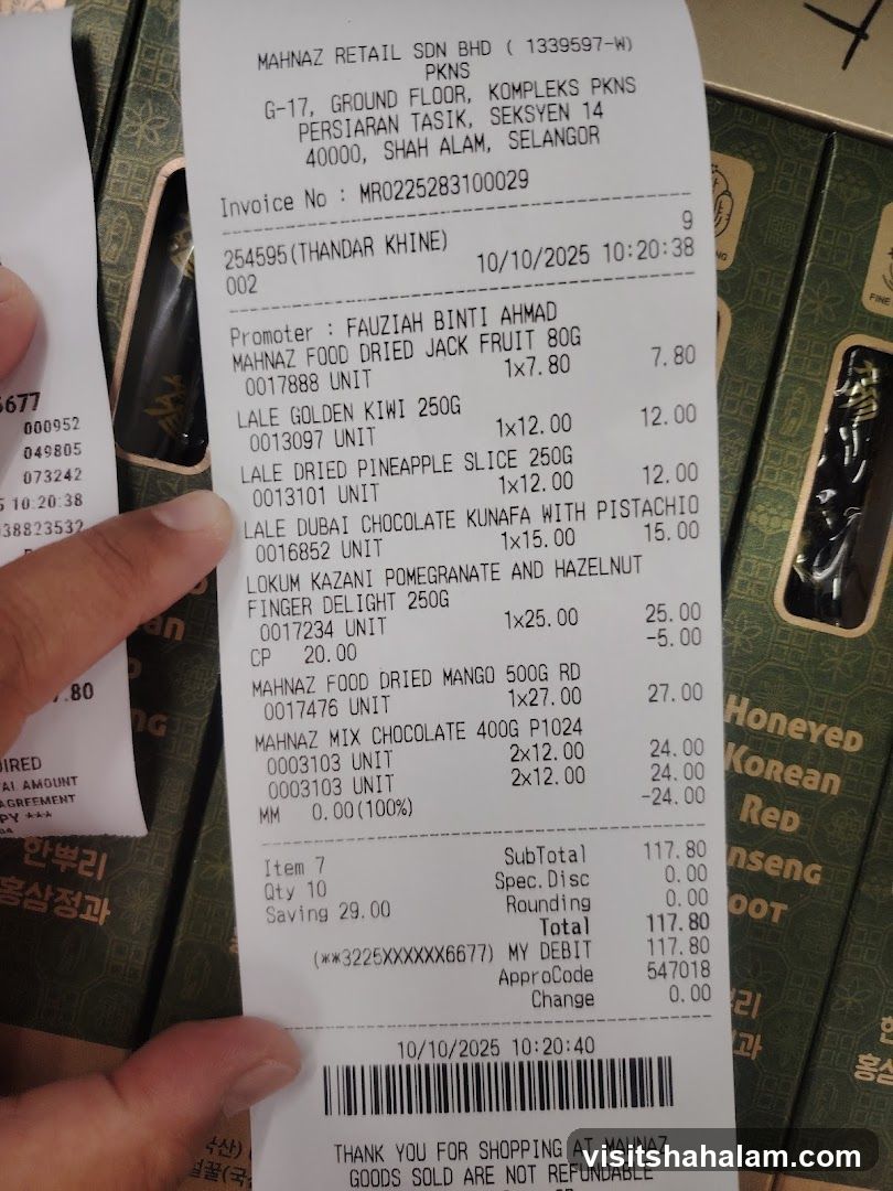 Receipt from Mahnaz Retail Sdn Bhd
