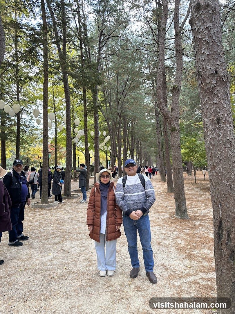 Couple Posing in a Tree-Lined Park