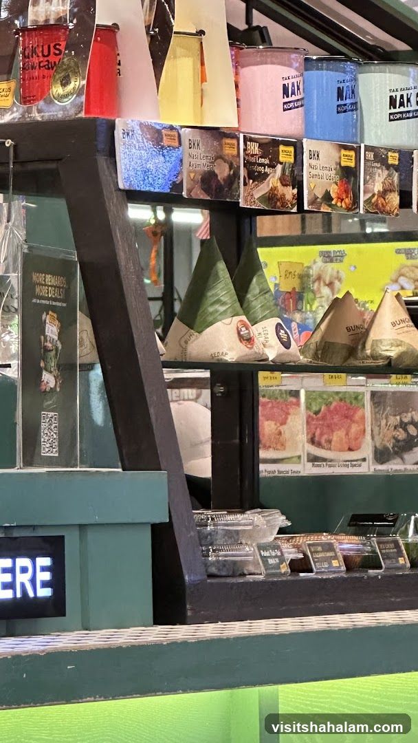 Food display with various packaged meals and drinks