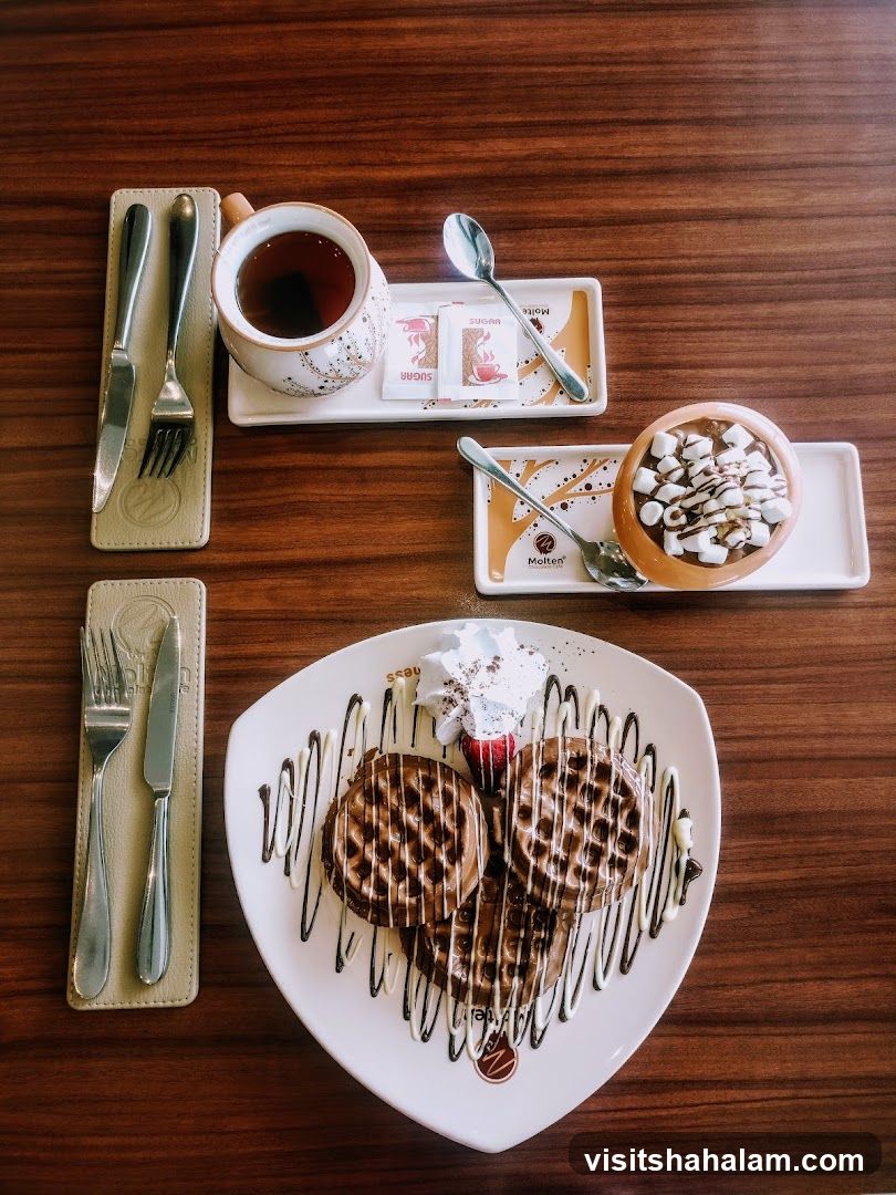 Dessert Platter with Waffles and Hot Chocolate