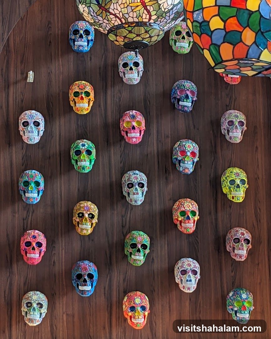Decorated Skulls on Wooden Wall