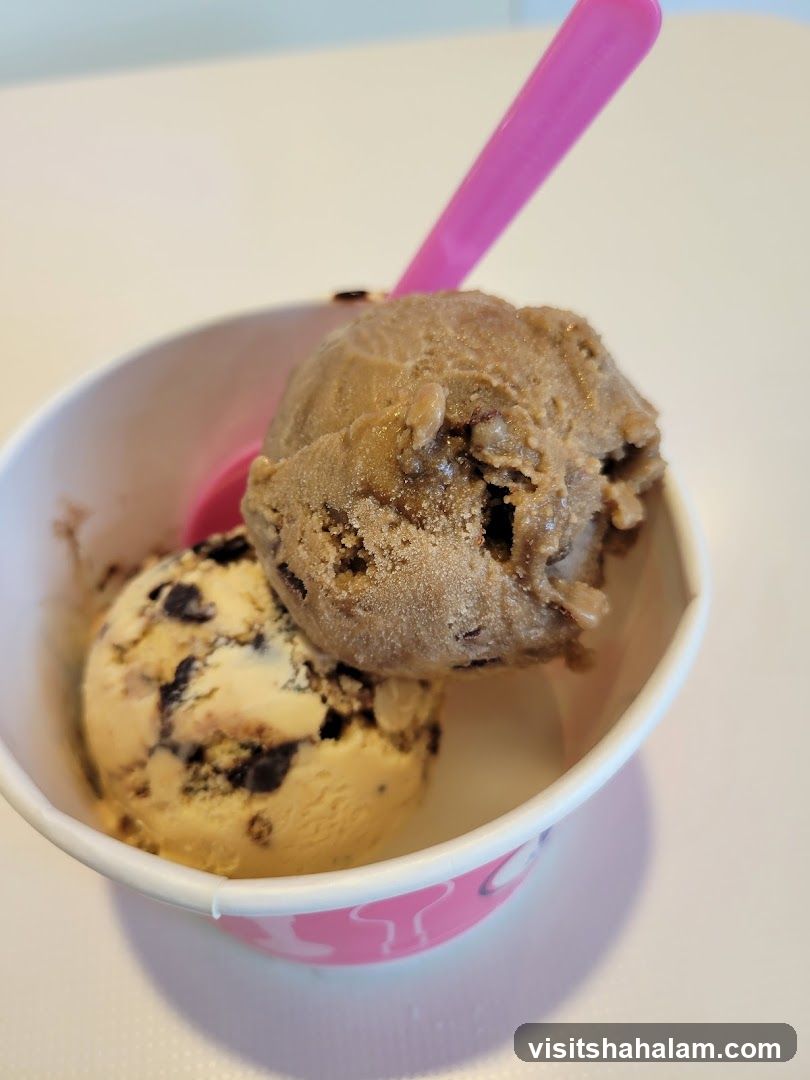 Two scoops of ice cream in a cup