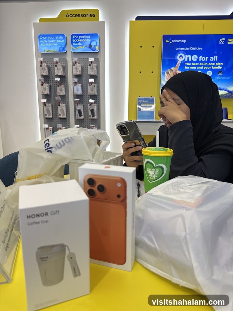 Customer with purchases at a mobile phone store