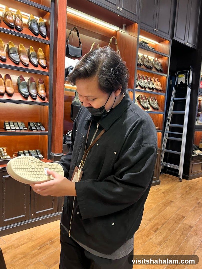 Customer examining a shoe in a store