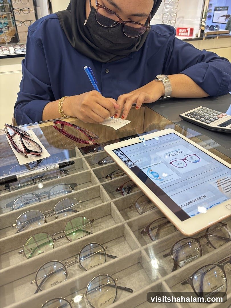 Optician assisting customer