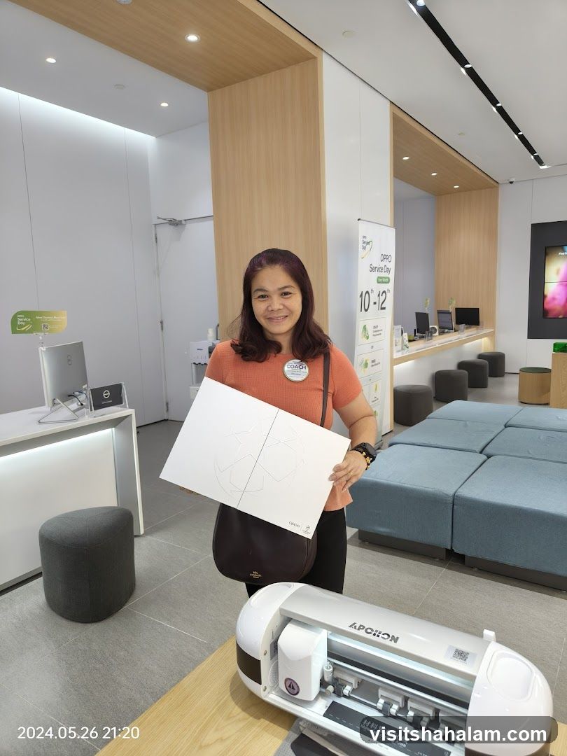 Woman holding a paper cutout in an electronics store