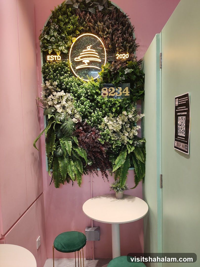 Interior decoration with plants and neon sign