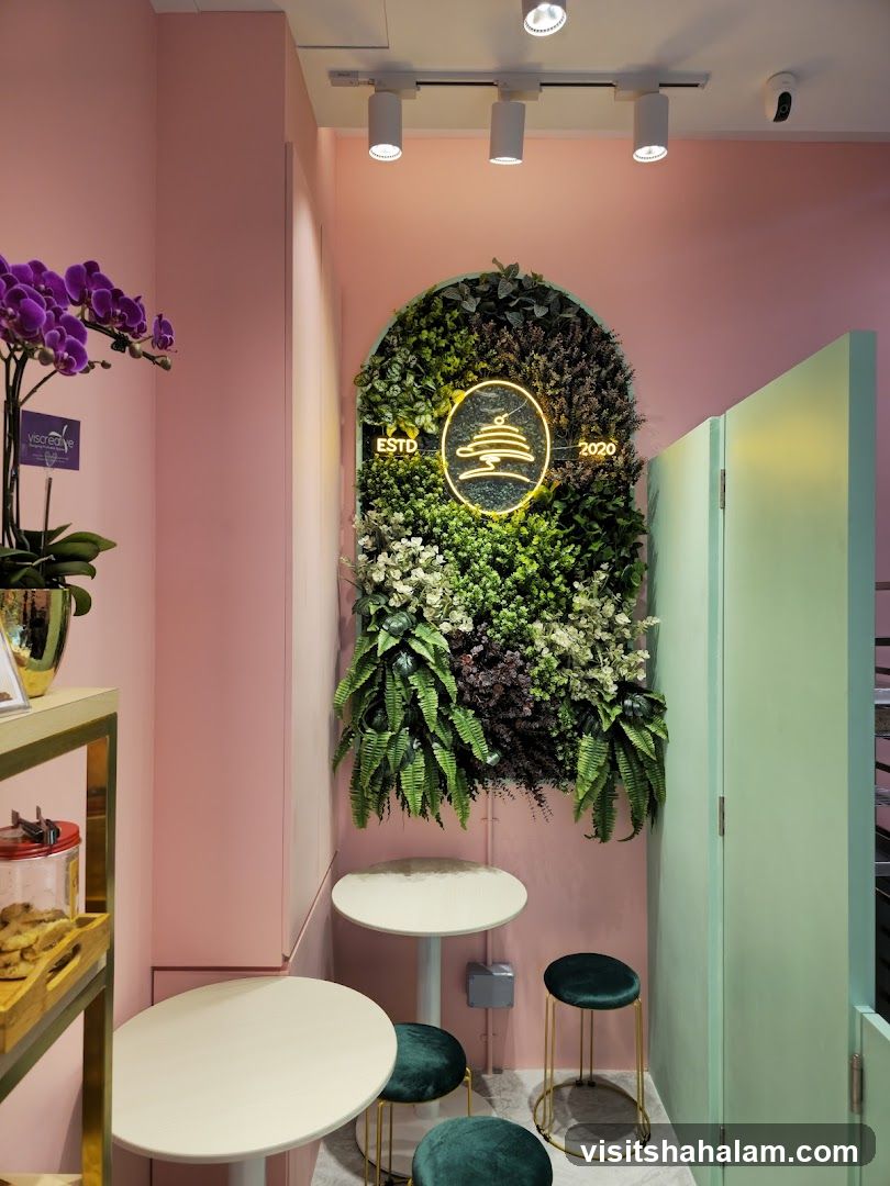Cafe Interior with Green Wall and Neon Sign