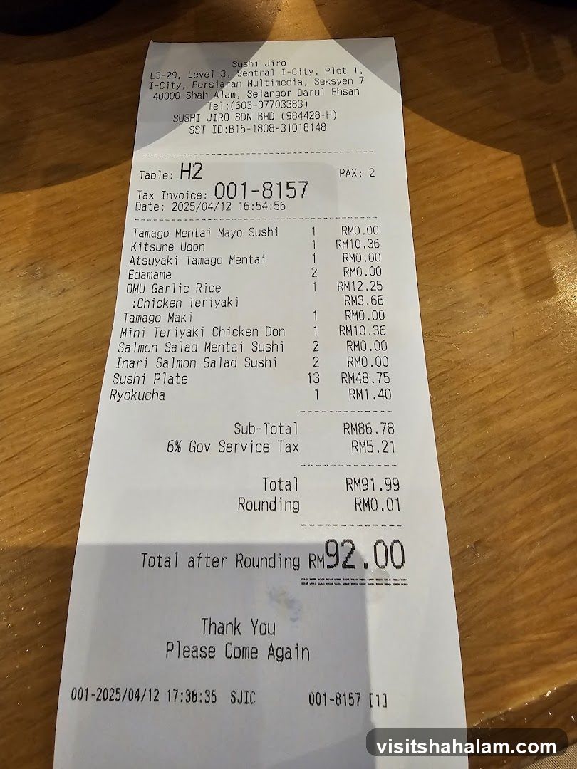 Receipt from Sushi Jiro