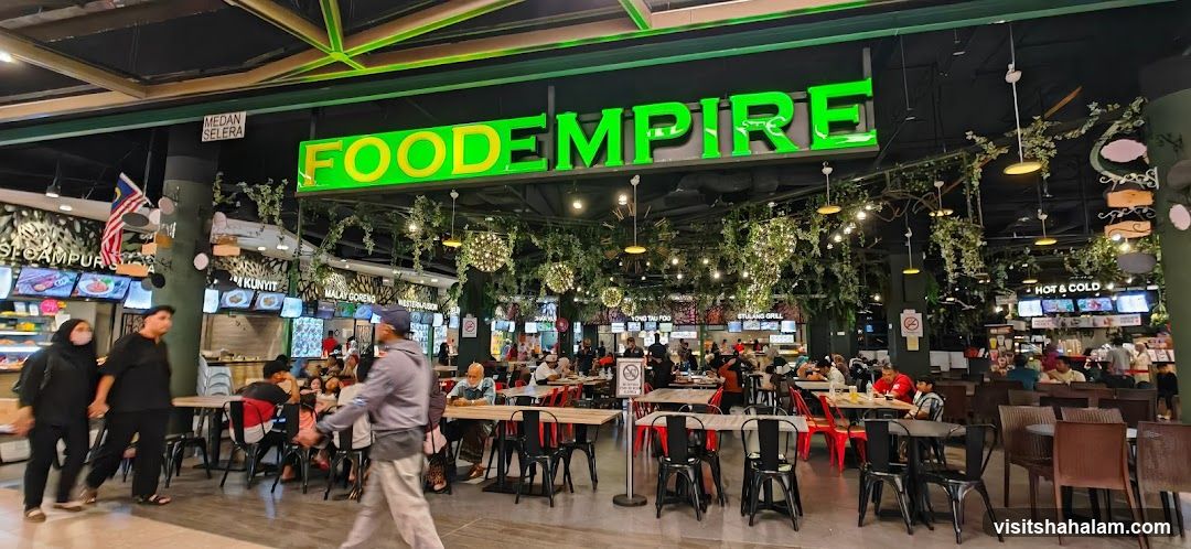 Food court with a large sign