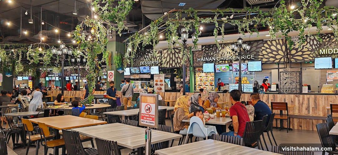 Food Court with Greenery and Diverse Stalls