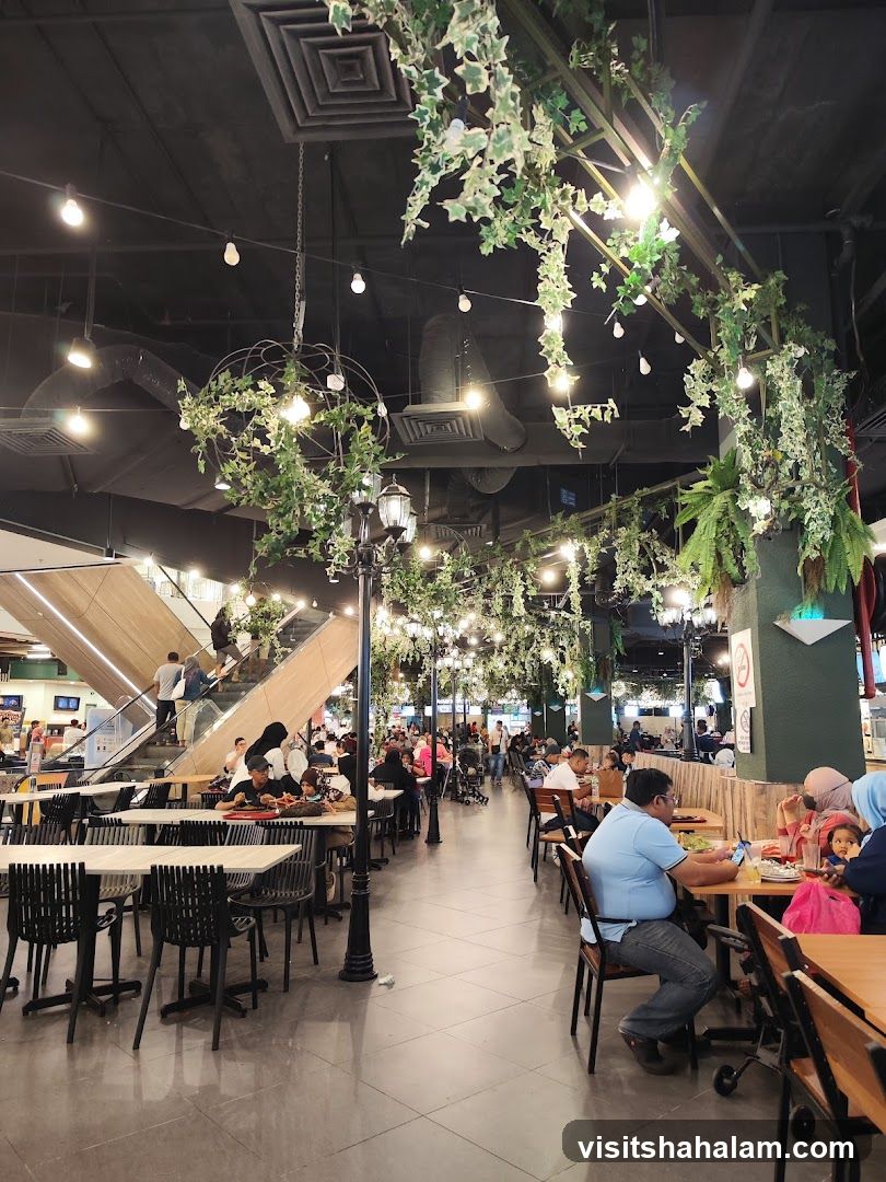 Busy Food Court with Greenery
