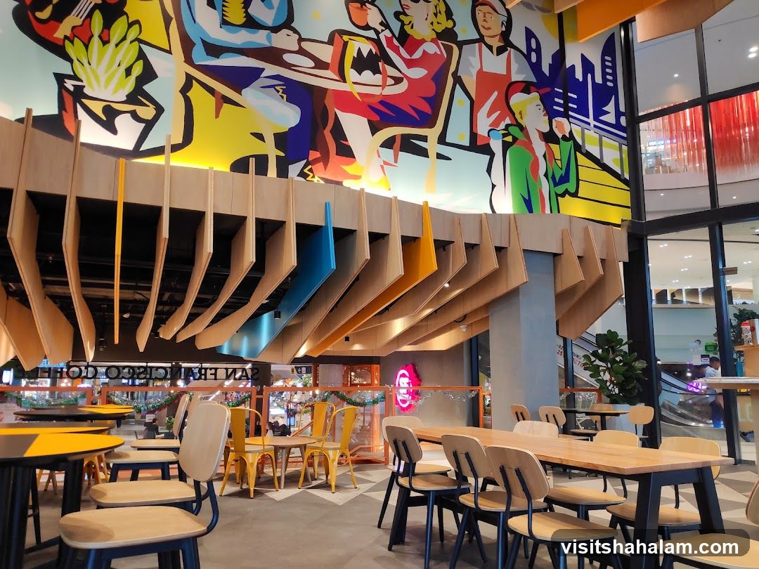 Modern Cafe Interior with Colorful Mural