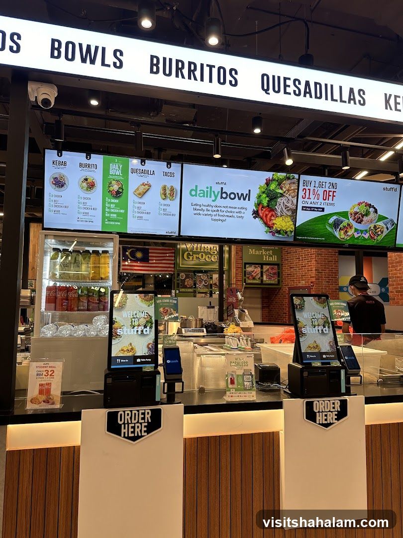 Food counter with digital menus and ordering stations