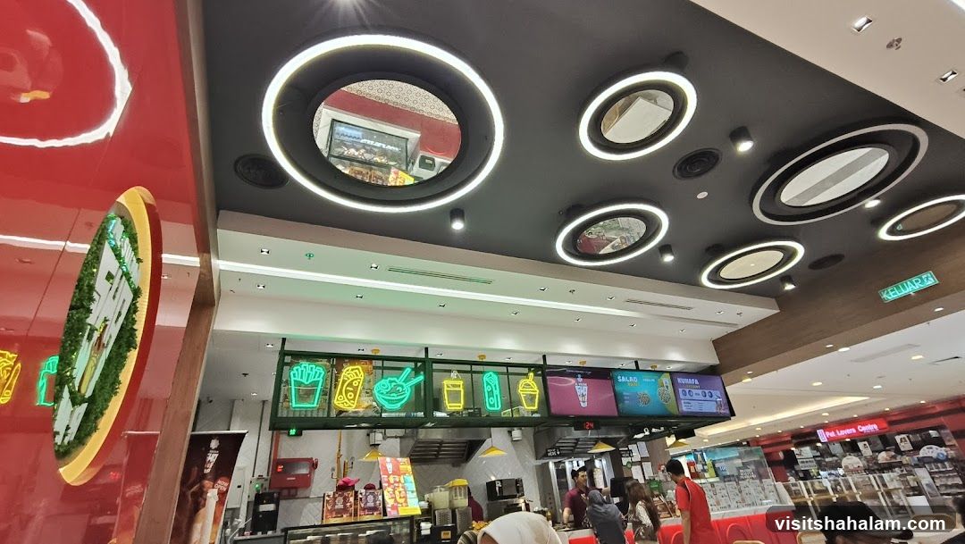 Food court interior with digital menus