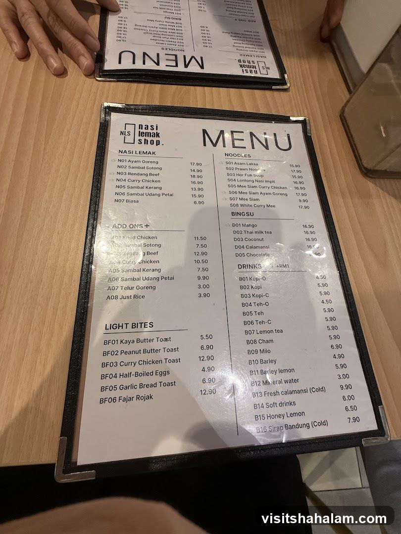 Nasi Lemak Shop Menu