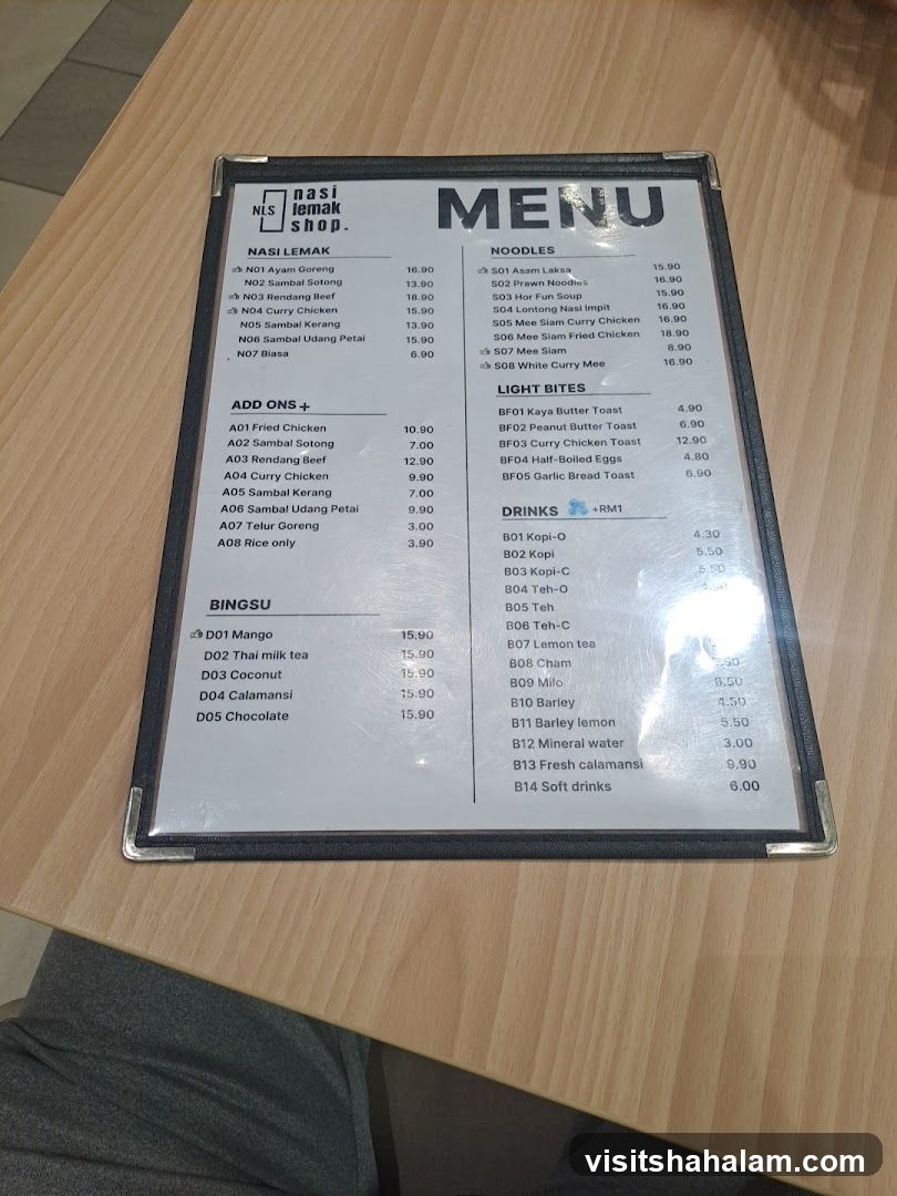 NLS Nasi Lemak Shop Menu