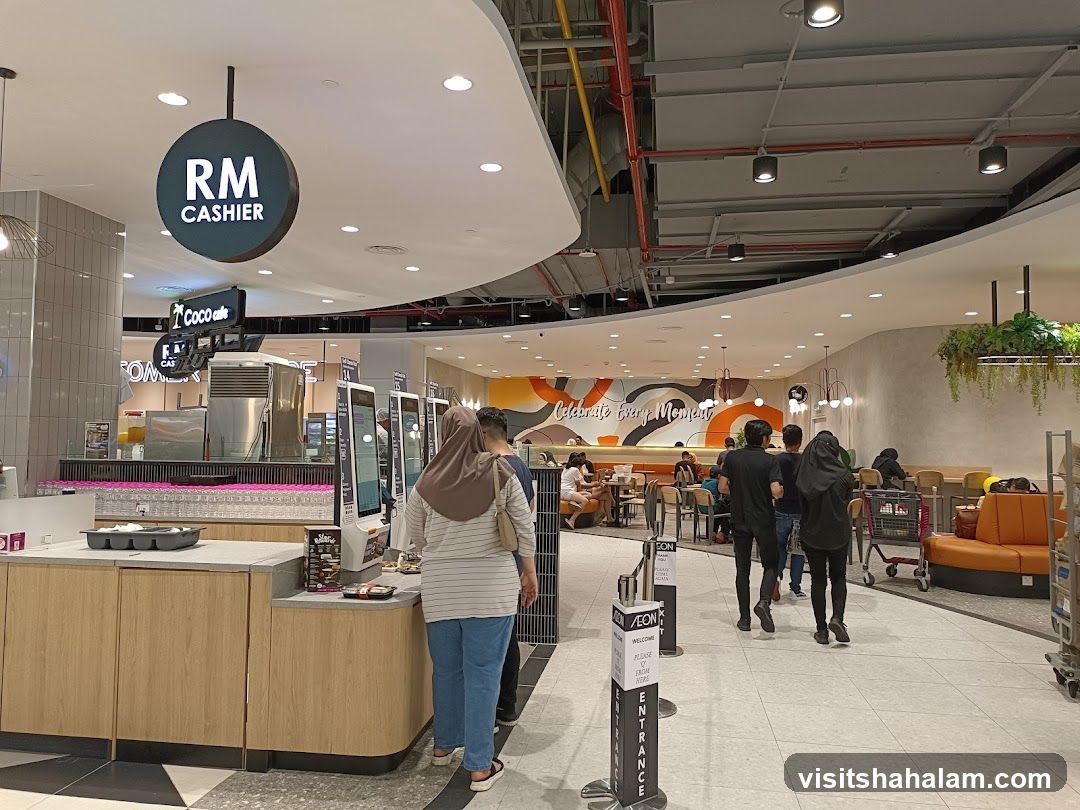 Self-service kiosks and seating area in a mall