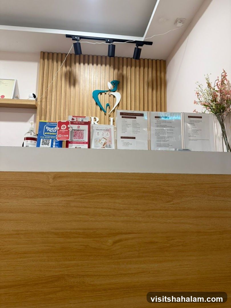 Reception Desk with Payment Options and Service Information