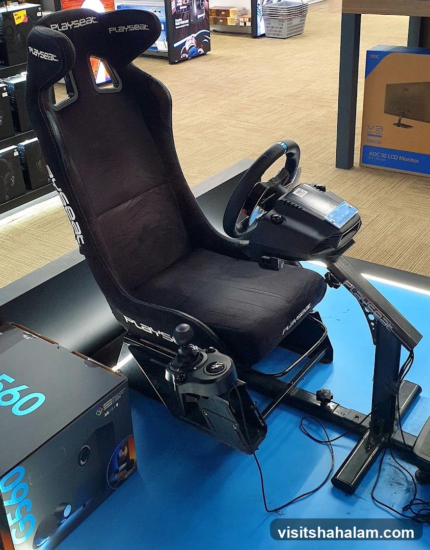 Playseat gaming chair with steering wheel and joystick