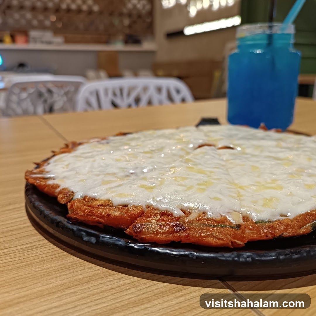 Kimchi Pancake with Cheese and Blue Drink