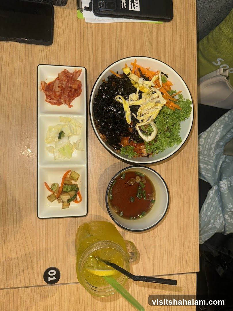 Bibimbap with Side Dishes and Drink