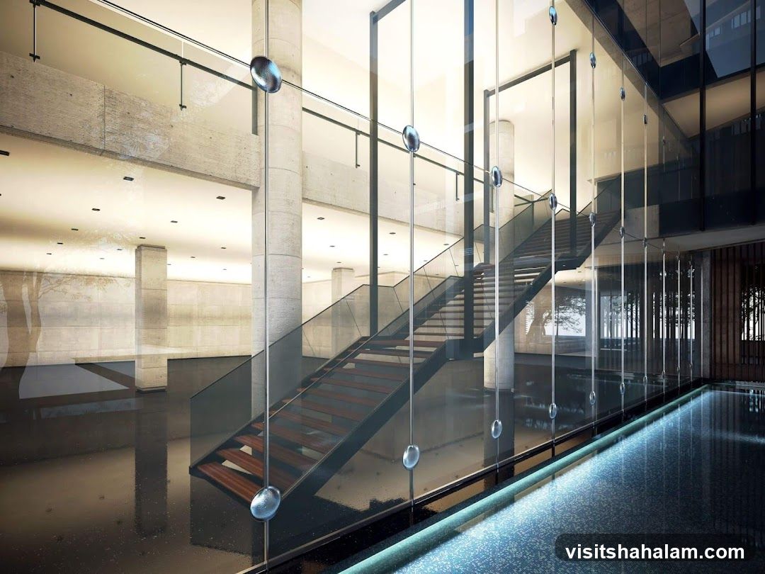 Modern Interior with Staircase and Water Feature