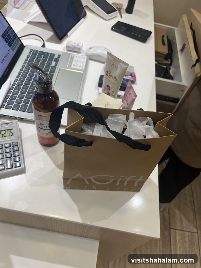 Counter with shopping bag and products