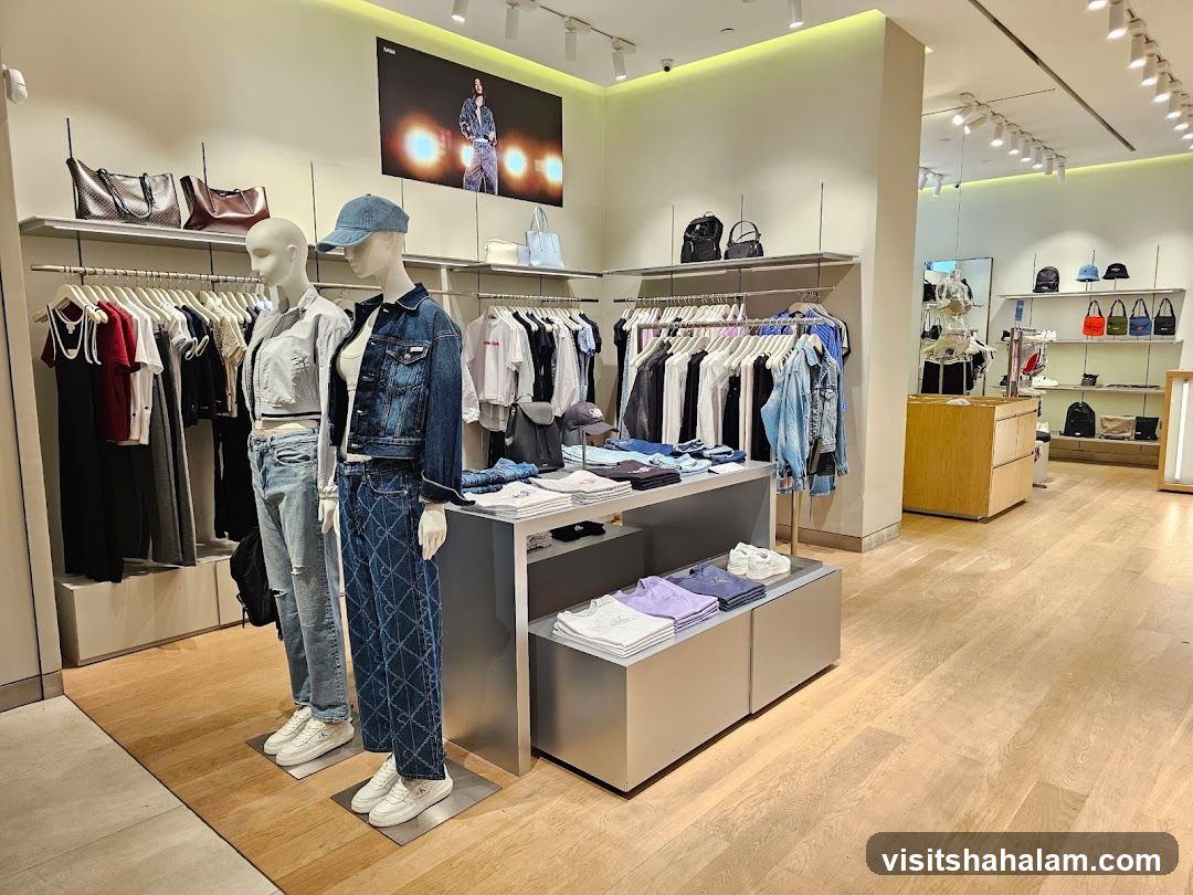 Clothing store interior with mannequins and apparel displays