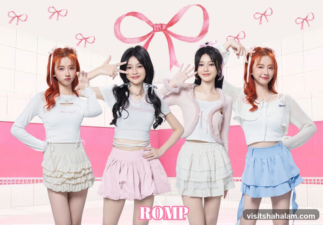 Four young women posing in pastel outfits