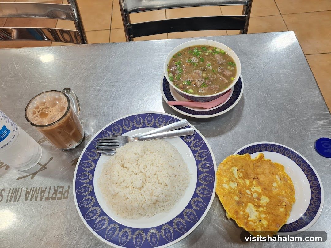 Meal with Rice, Soup, and Omelette