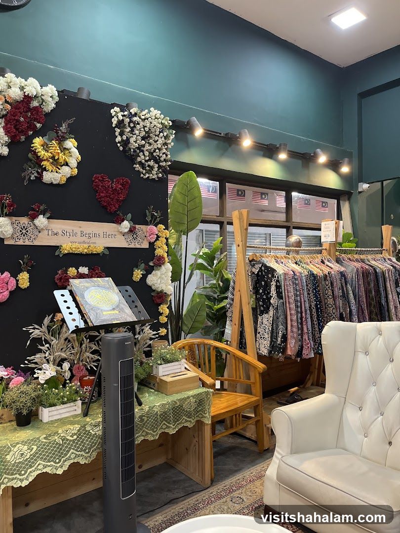 Store Interior with Clothing Racks and Seating