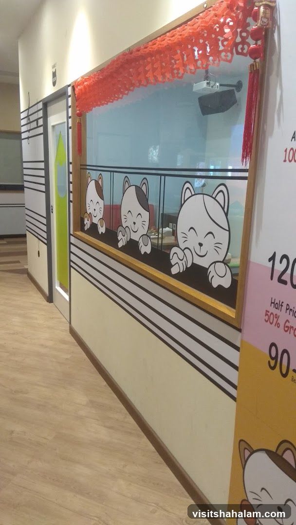 Decorated Window with Cat Illustrations and Pricing Sign