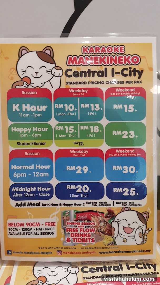 Karaoke Manekineko Central I-City Standard Pricing Charges Per Pax