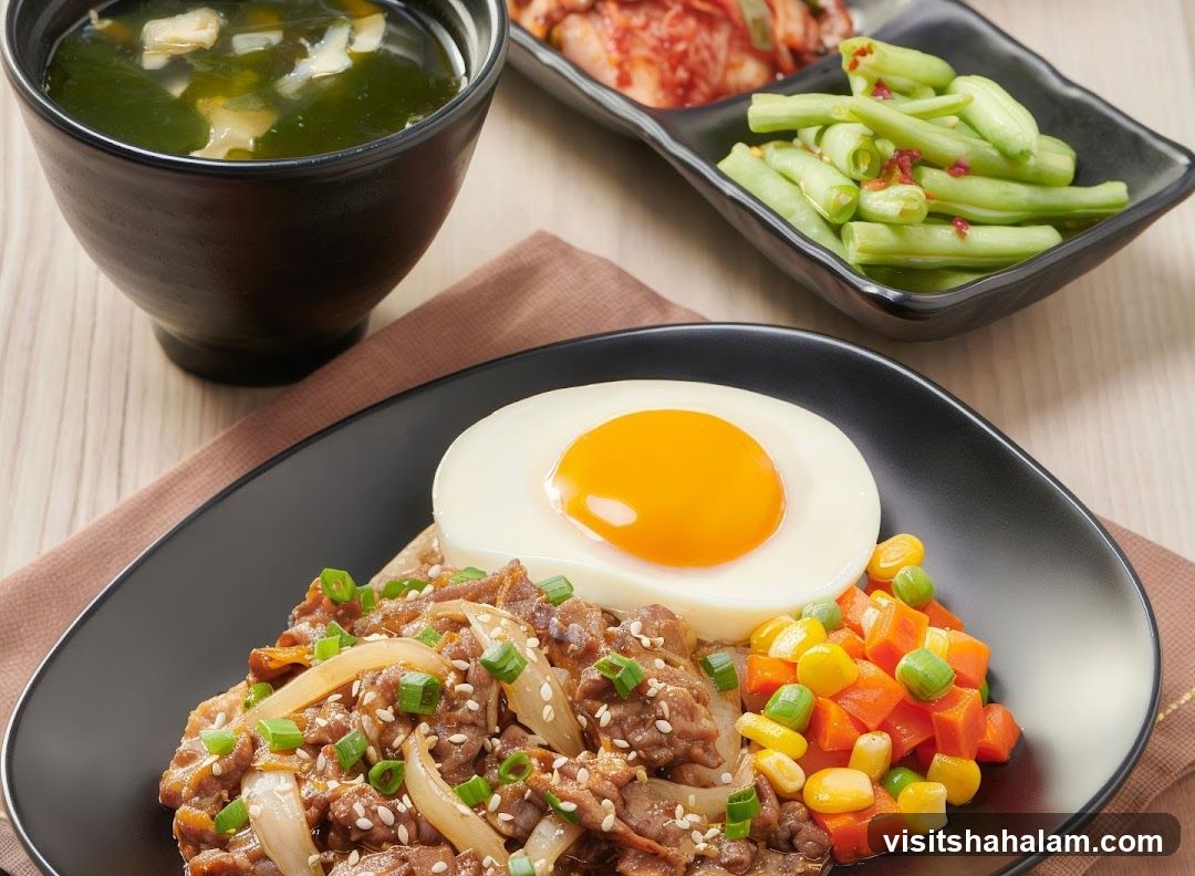 Beef Bowl with Egg and Sides