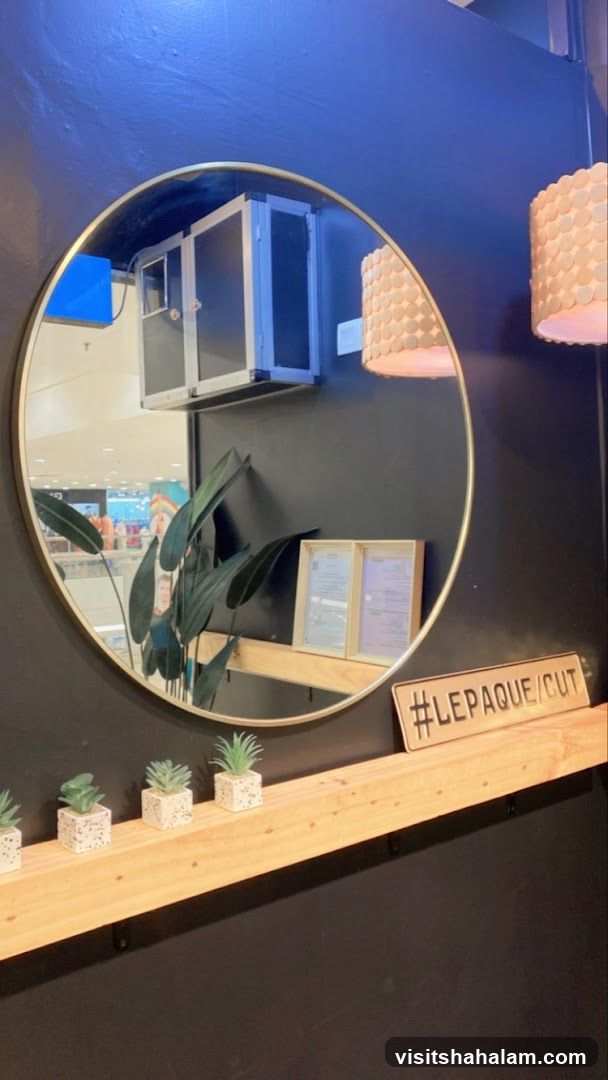 Mirror reflection with plants and signage