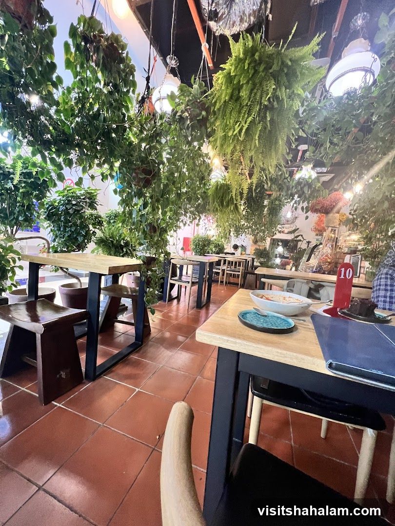 Restaurant Interior with Hanging Plants