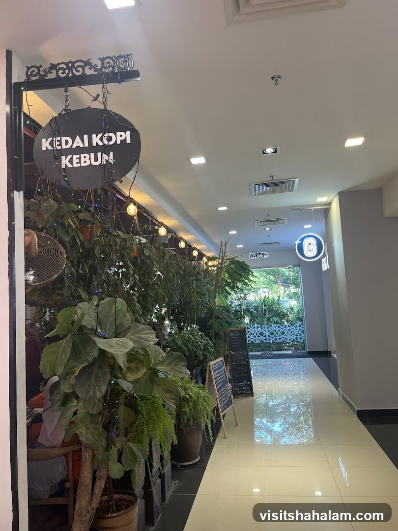 Coffee shop interior with plants and signage