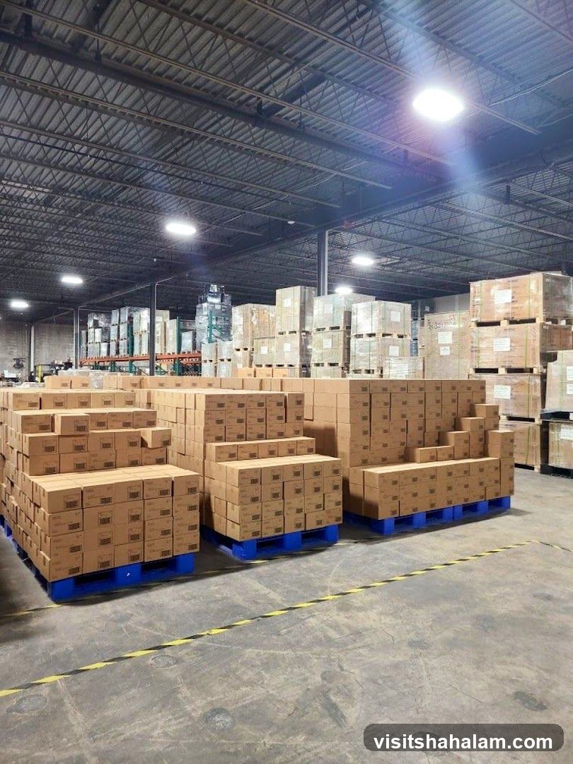Warehouse Interior with Palletized Boxes
