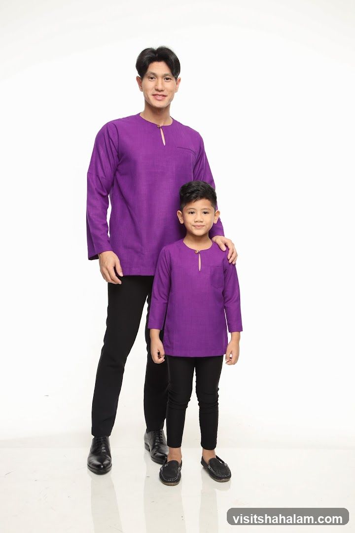 Father and Son in Matching Purple Outfits