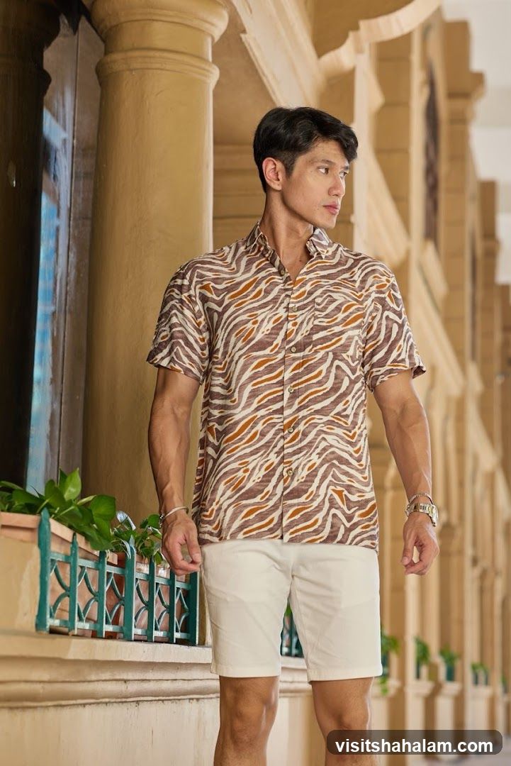 Man in patterned shirt and shorts