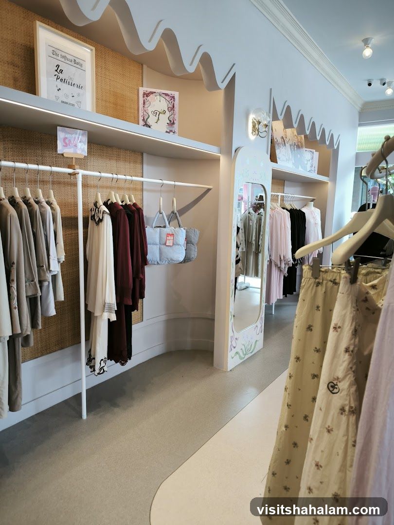 Clothing store interior with apparel on display