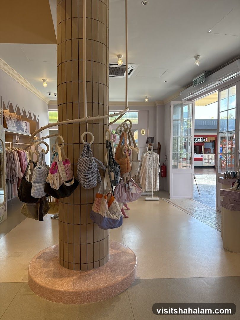 Bags and clothing displayed in a store