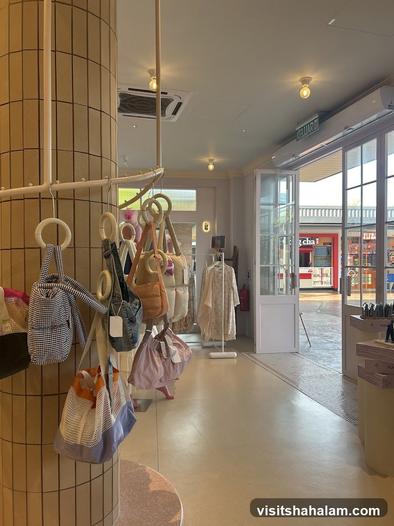 Bags and clothing displayed in a store