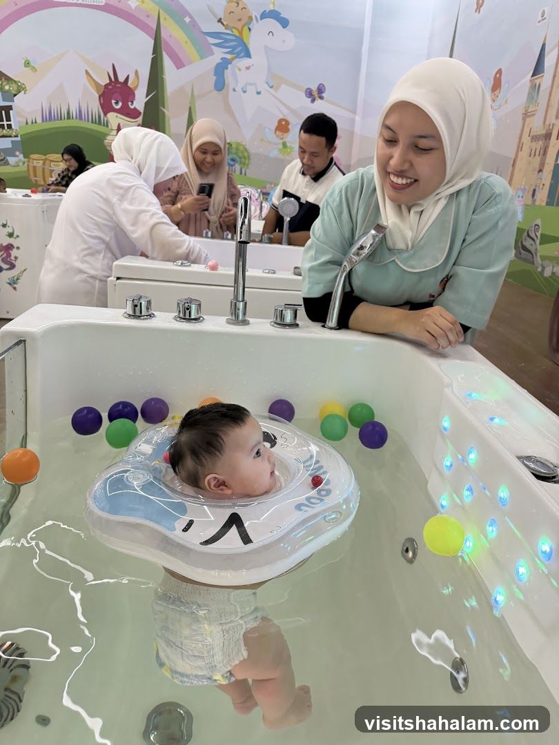 Baby enjoying a bath with a neck float