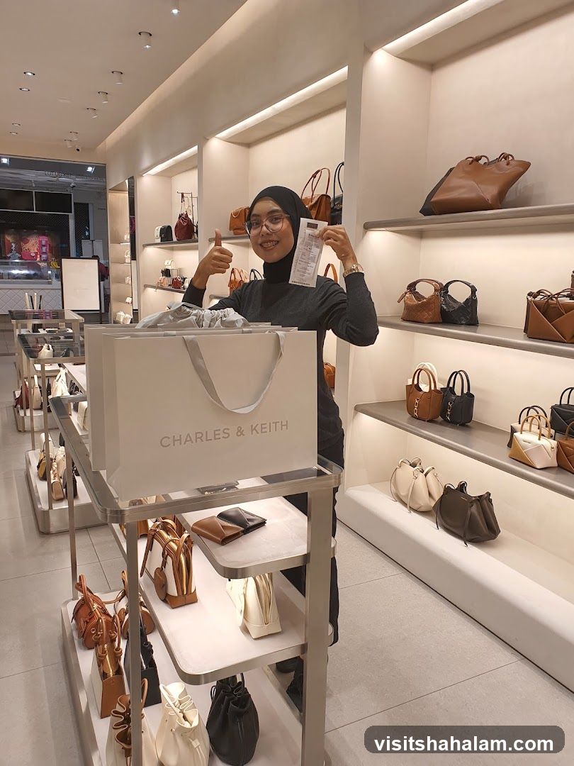 Woman holding a receipt in a handbag store