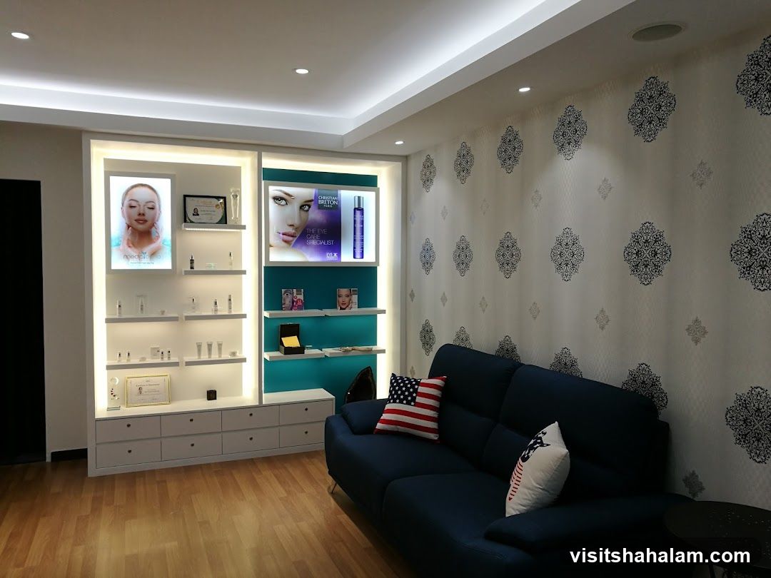 Cosmetic store interior with display shelves and seating area