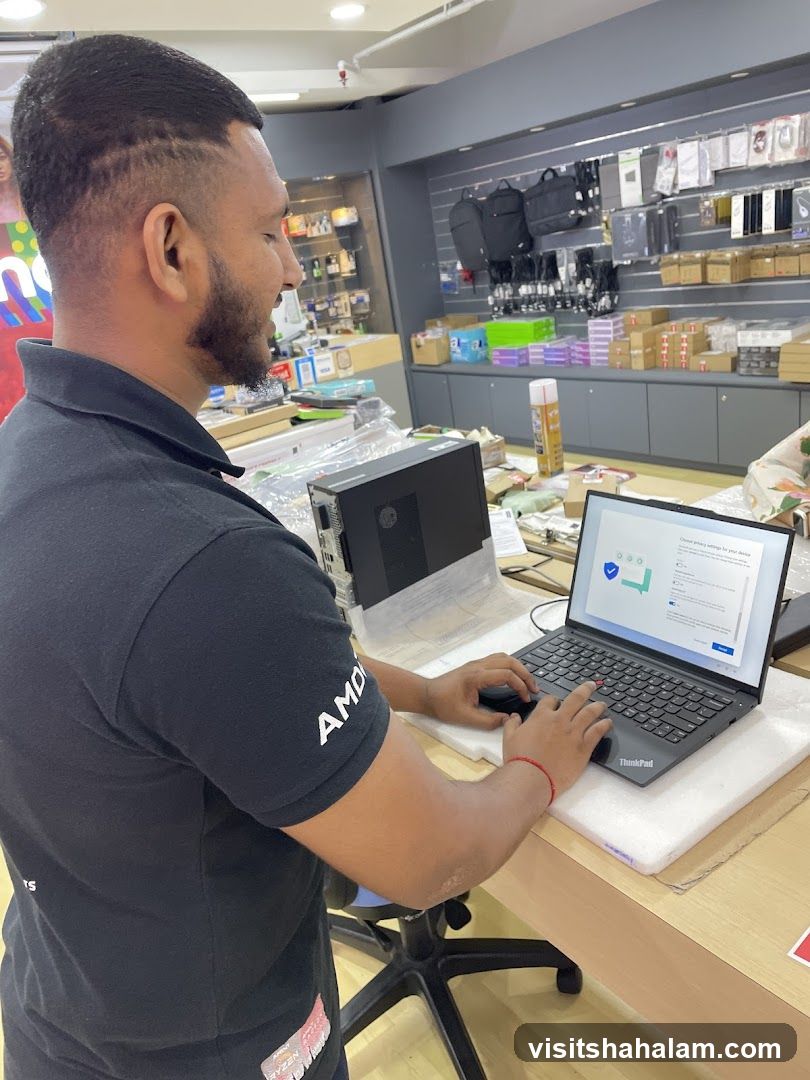 Man setting up a laptop