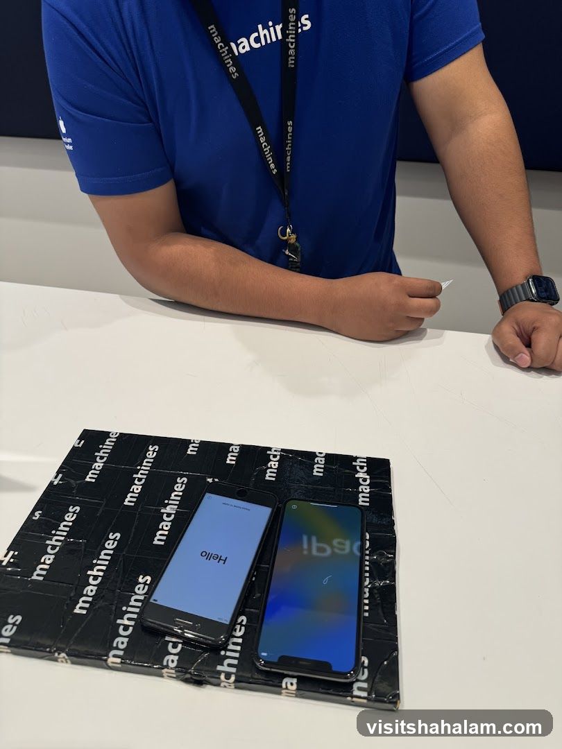 Two iPhones on a branded mat